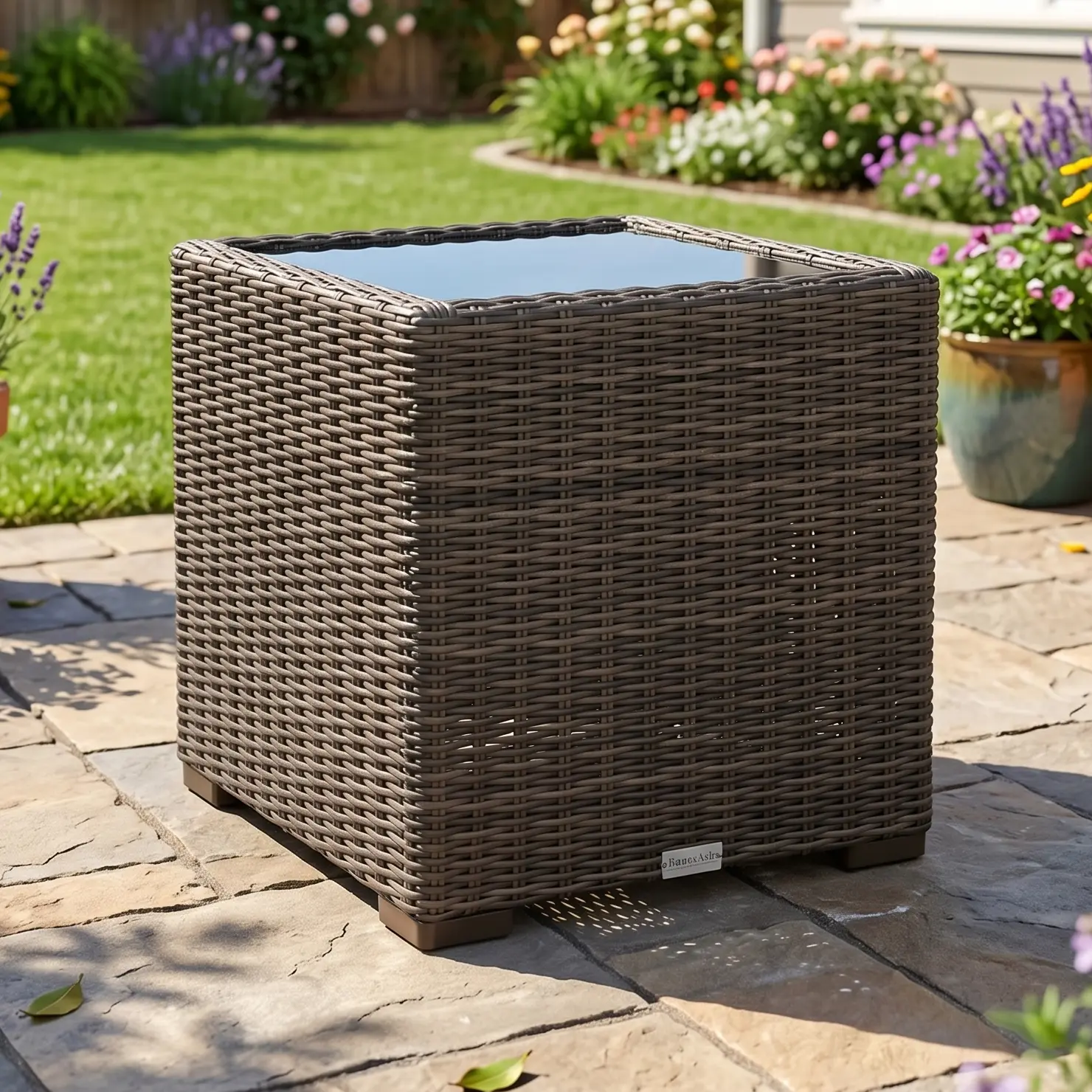 Rosario Grey 21" Square Woven End Table W/ Glass - Shale