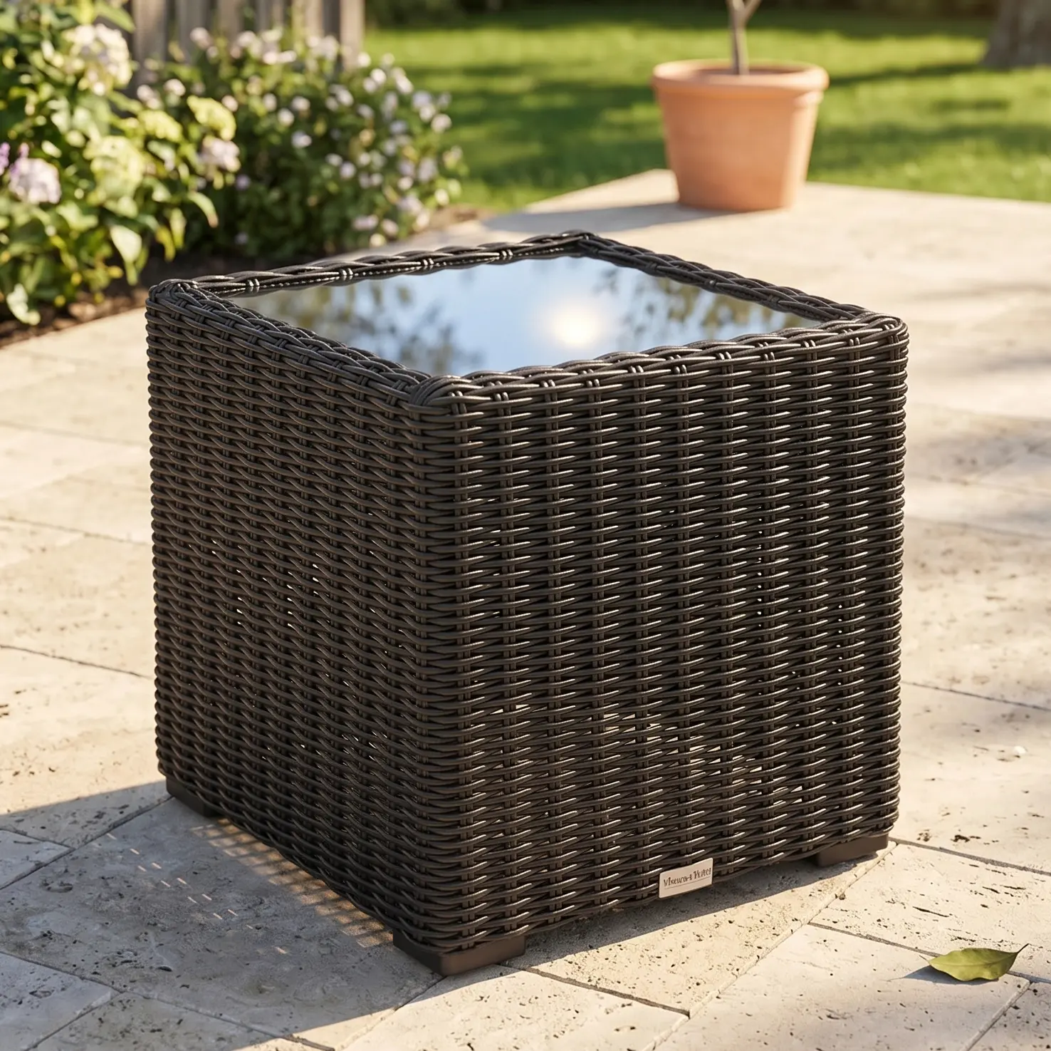 Rosario 21" Square Woven End Table W/ Glass - Bayside Black