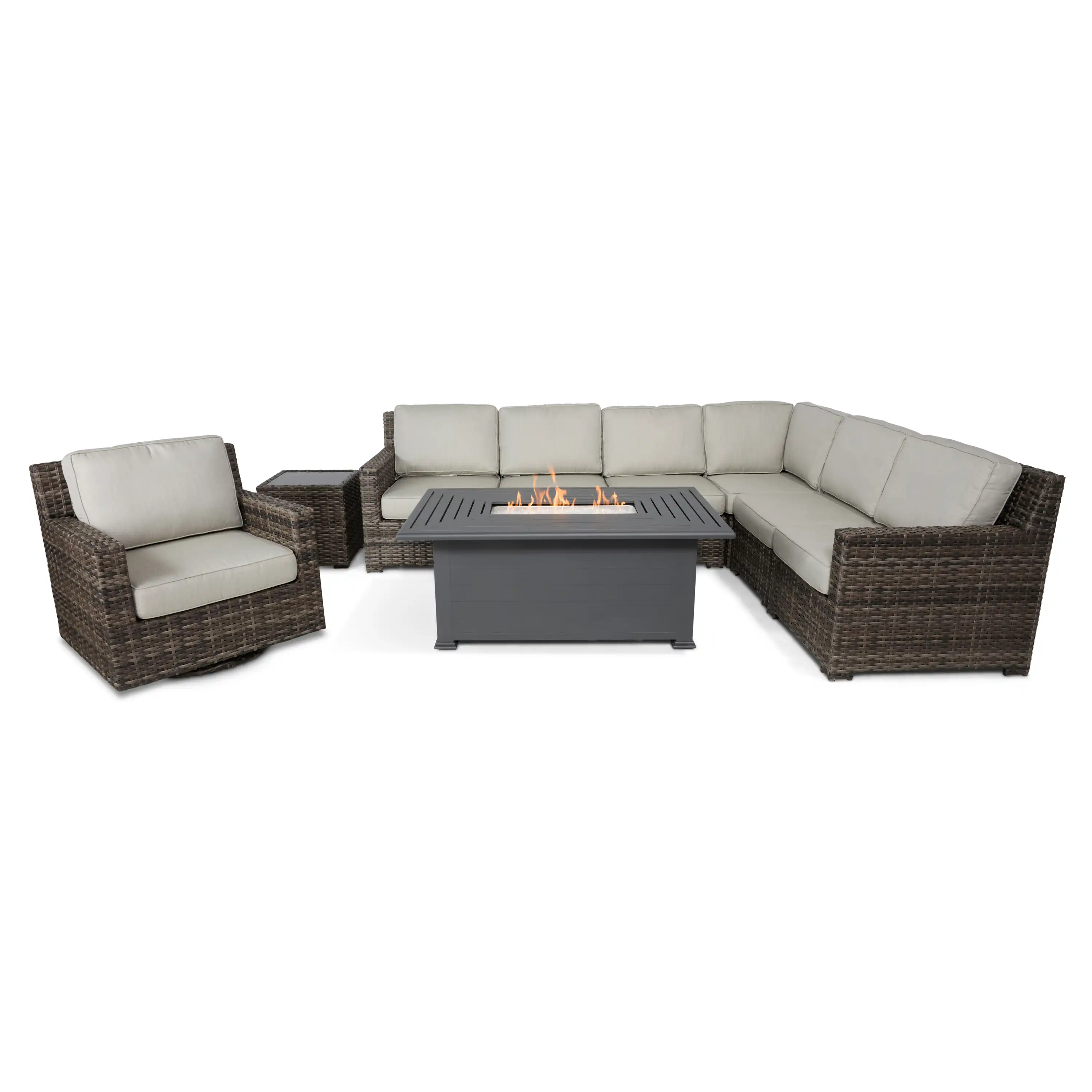 St. Kitts Grey 9 Piece Sectional Firepit Chat Group - Swimmer Oyster - Image 2