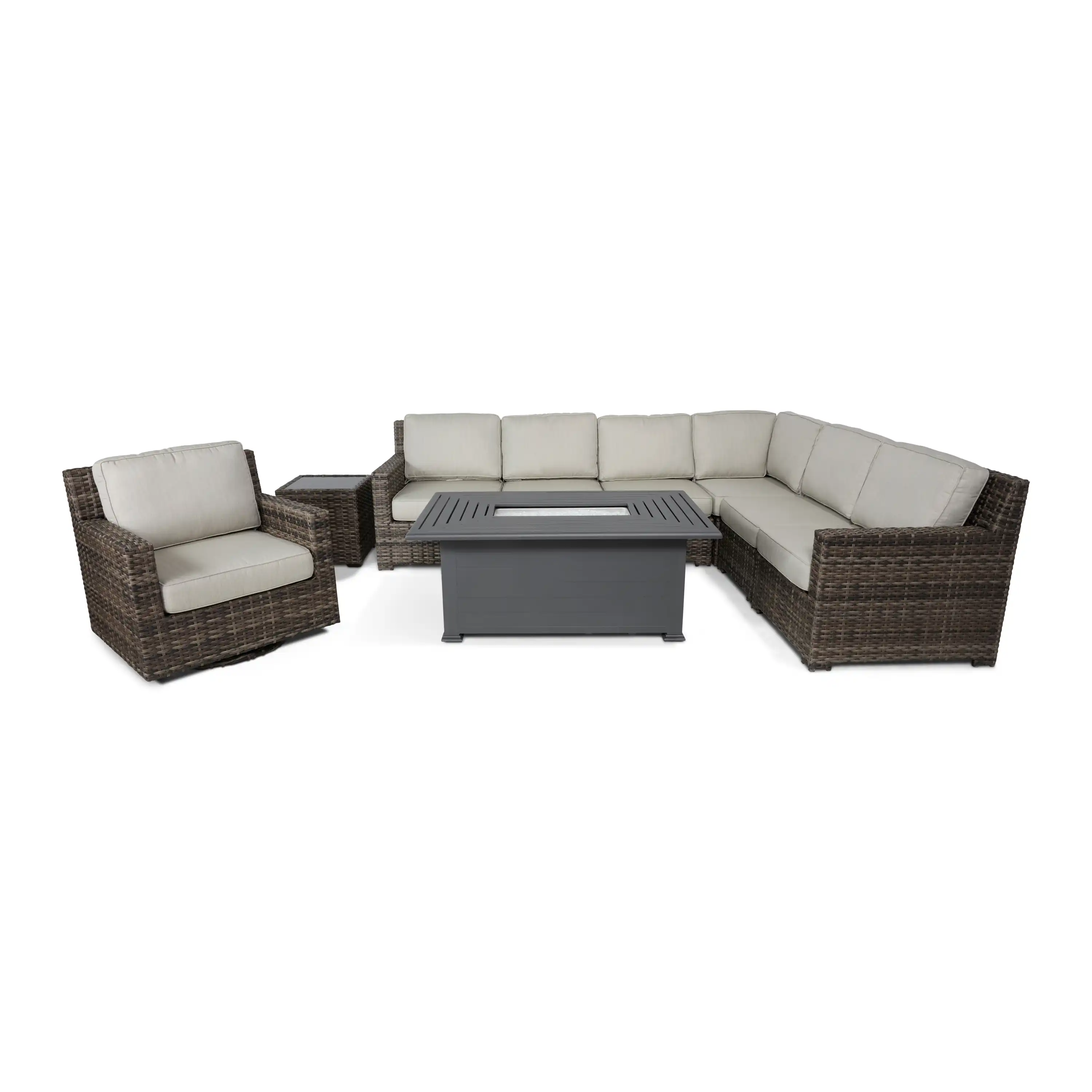 St. Kitts Grey 9 Piece Sectional Firepit Chat Group - Swimmer Oyster - Image 3