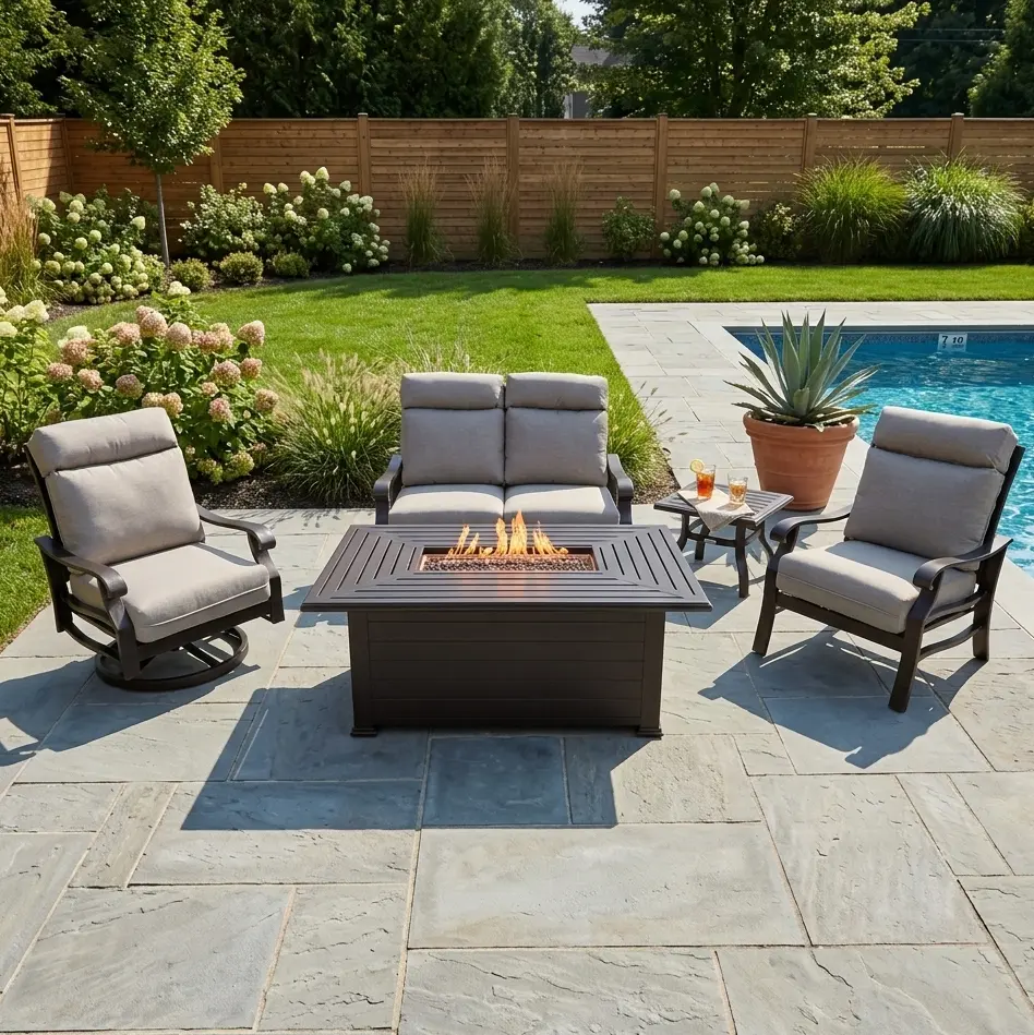 Stirling 5 Piece Loveseat Firepit/Chat Group - Makar Oyster