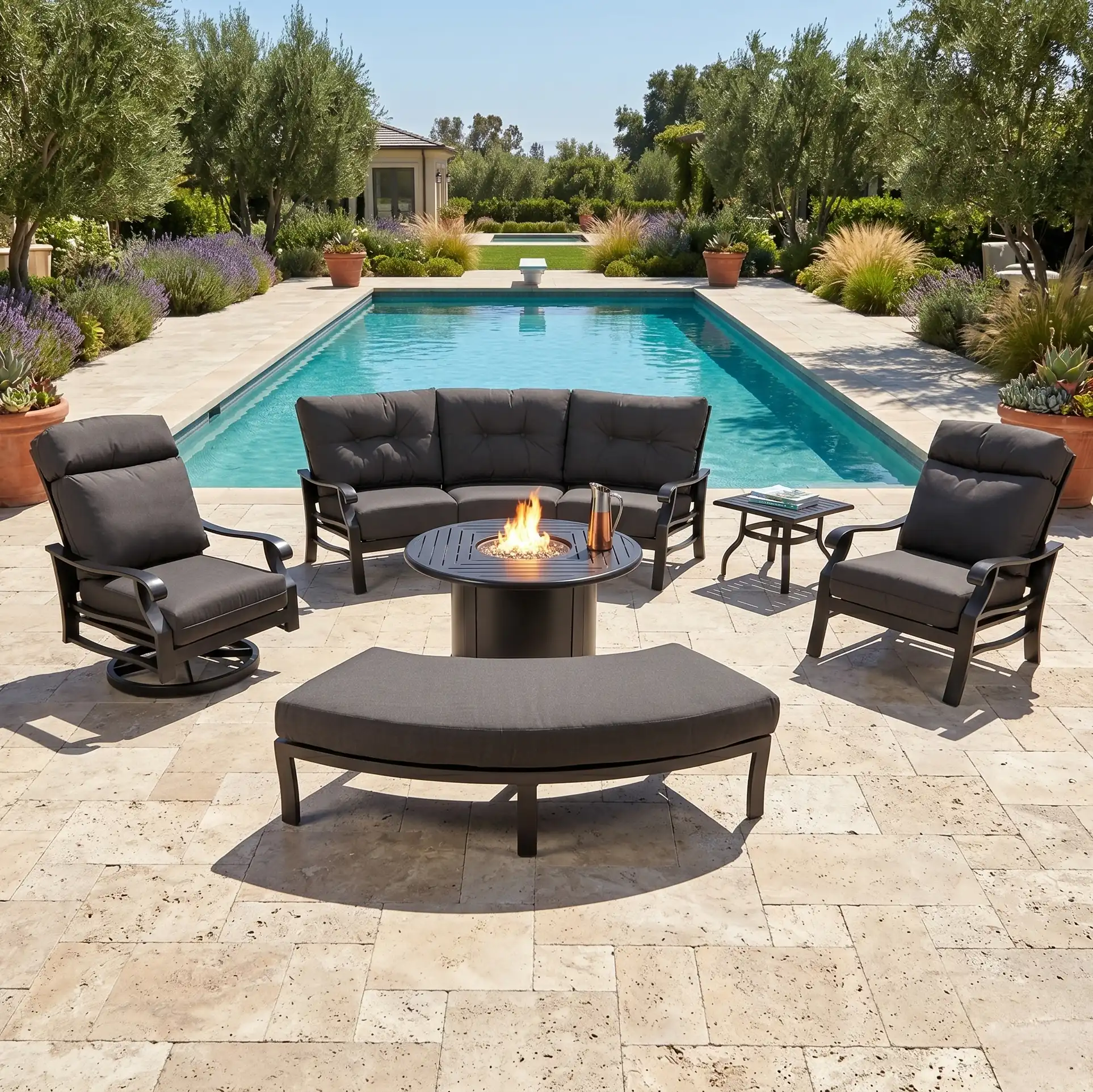 Stirling 8 Piece Curved Sofa Firepit/Chat Group - Canvas Coal