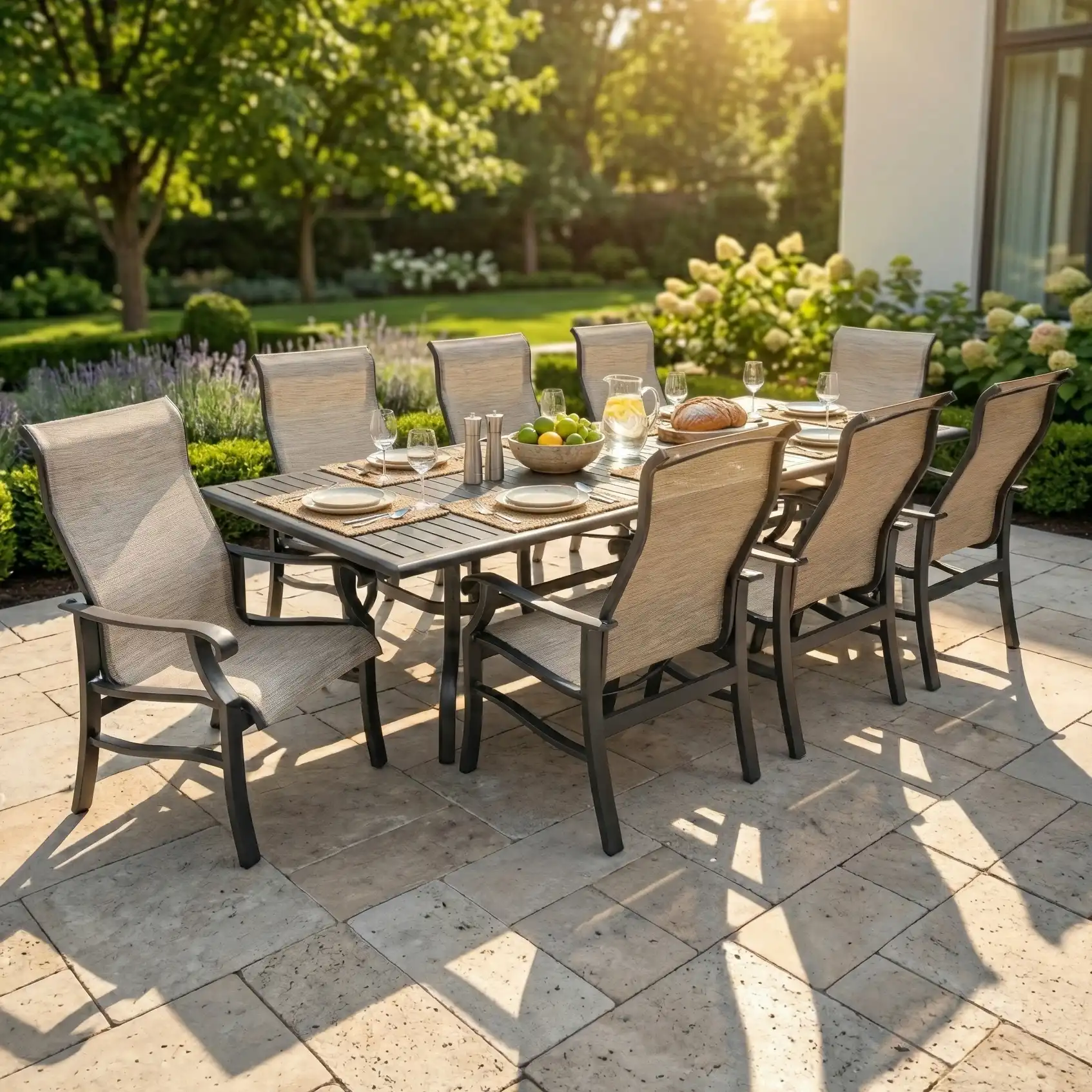 Stirling 9 Piece Sling Dining Group W/ 44"x112" Rect. Table
