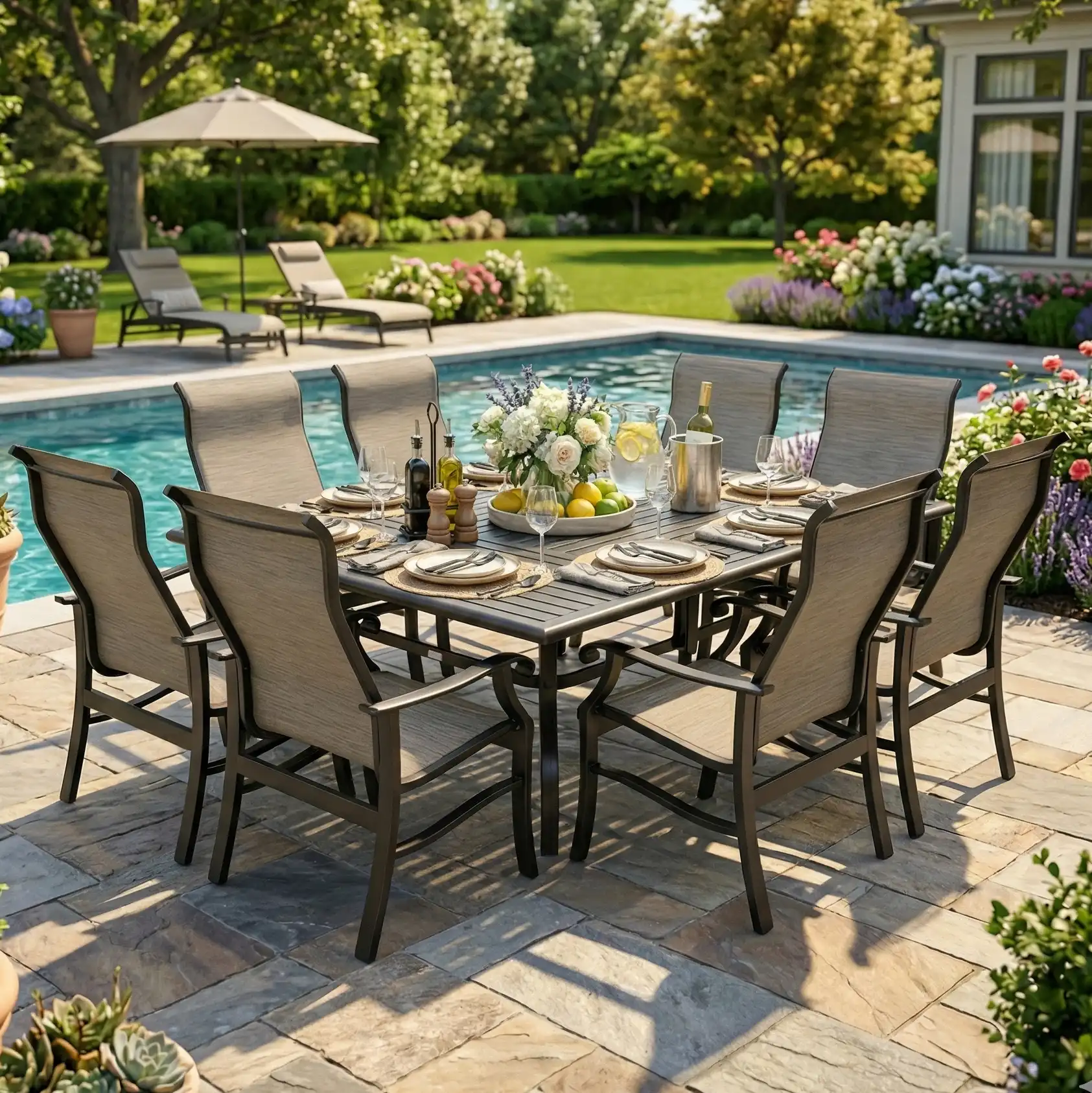 Stirling 9 Piece Sling Dining Group W/ 60"x84" Rect. Table