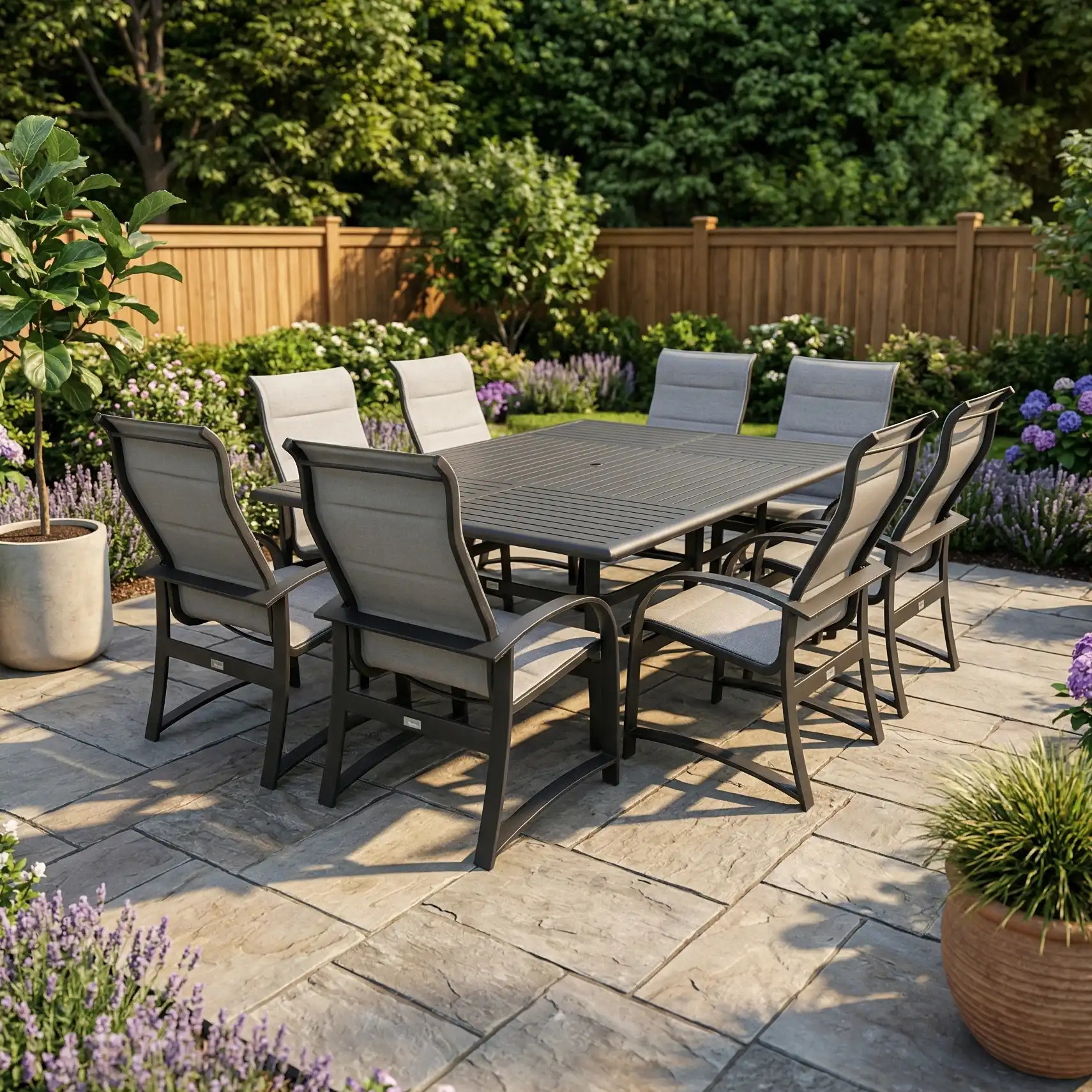 Wakefield 9 Piece Padded Sling Dining Group W/ 60"x84" Rect. Table