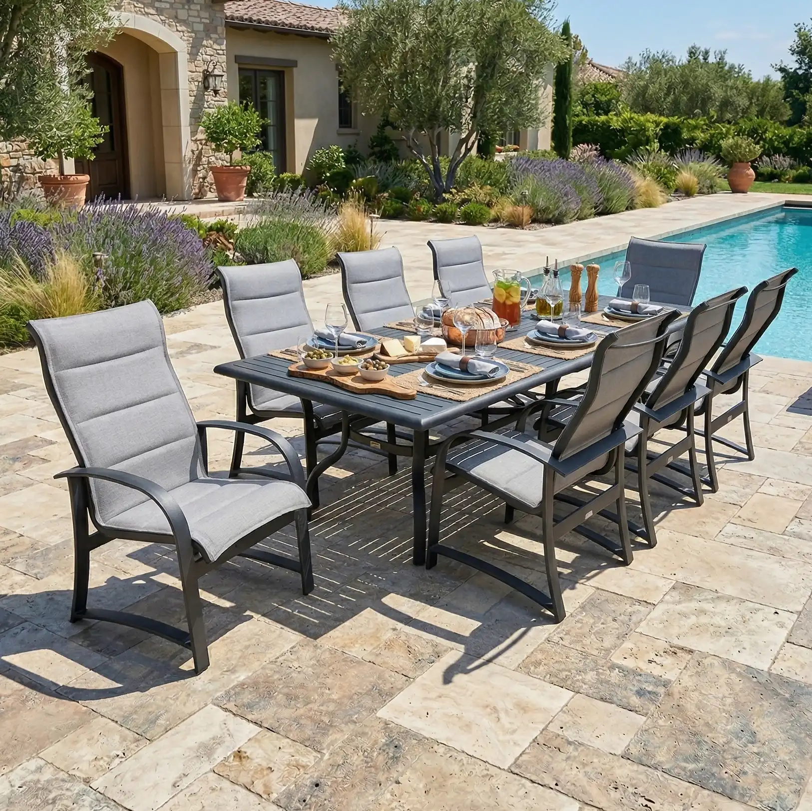 Wakefield 9 Piece Padded Sling Dining Group W/ 44"x112" Rect. Table