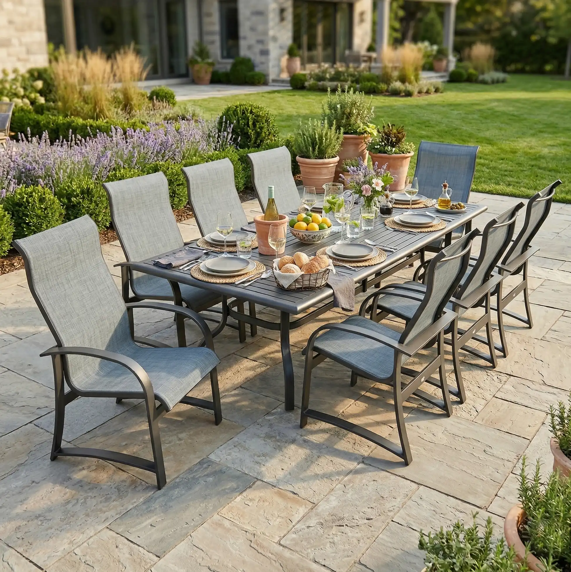 Wakefield 9 Piece Sling Dining Group W/ 44"x112" Rect. Table