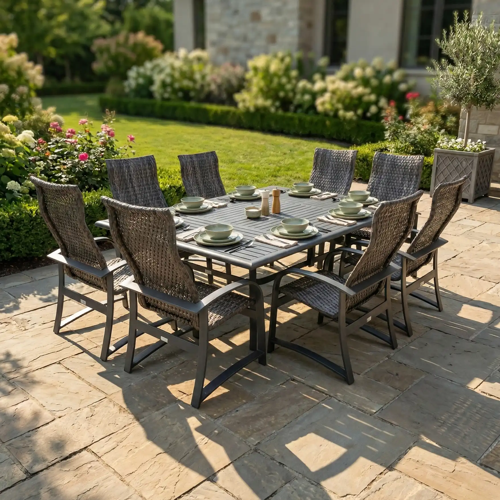 Wakefield 9 Piece Woven Dining Group W/ 60"x84" Rect. Table