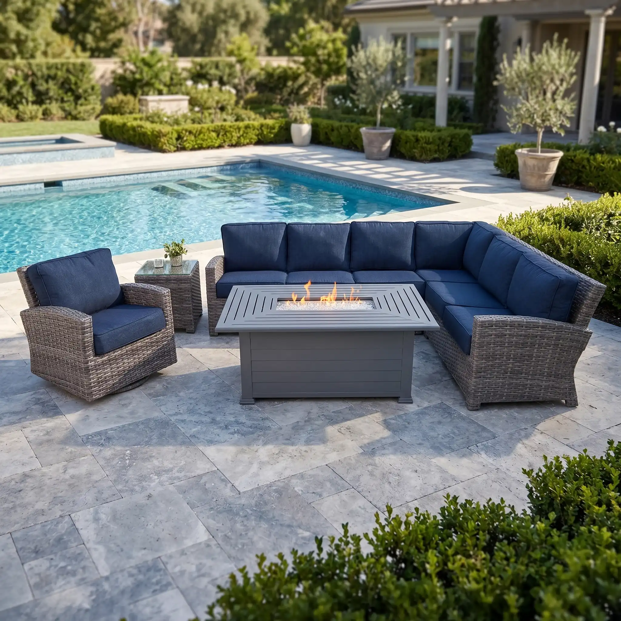Woodridge 7 Piece Sectional Firepit Group - Spectrum Indigo